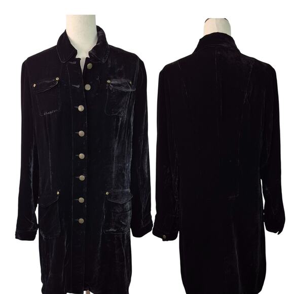 Elliott Lauren Black Velvet Silk Lined Button Up 4 Pocket Jacket Dress 10 - Picture 1 of 5